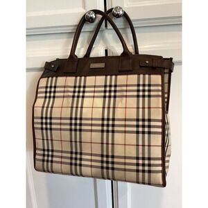 Burberry Tote Bag Nova Check Plaid Leather Trim Satchel Handbag